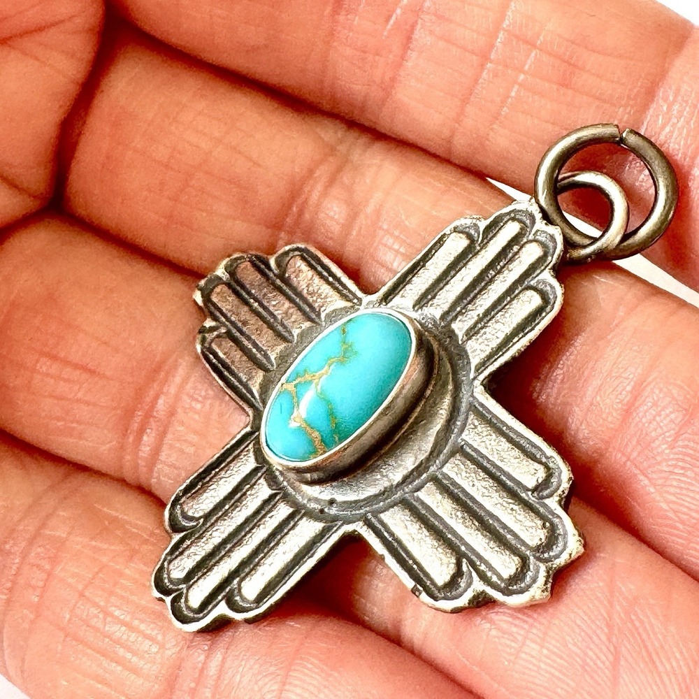 Navajo Zia Symbol Pendant Turquoise 1.75in NM Signed K Billah Sterling Native - Picture 3 of 6